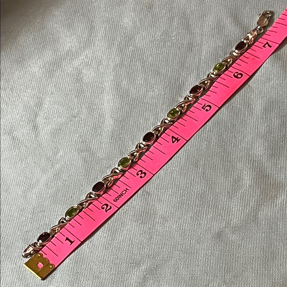 Sterling Silver Bracelet w/ X Link Chain & Semiprecious Oval Garnets & Peridots - Picture 9 of 10
